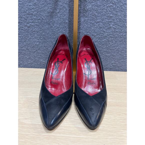 Vintage YSL Yves Saint Laurent Black Trim Leather & Suede Heels Size 6M Italy - Picture 3 of 11